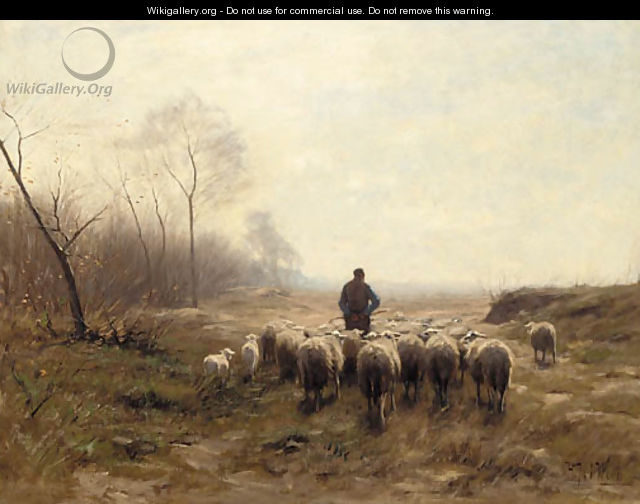 A shepherd herding his flock in an autumnal landscape - Hermann Johannes Van Der Weele