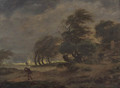 Peasants in a horse-drawn wagon on a country road with a traveller nearby, a windmill beyond, in a stormy landscape - Hermanus Van Brussel