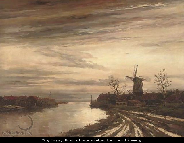 A Dutch canal town at dusk - Hermanus Jr. Koekkoek