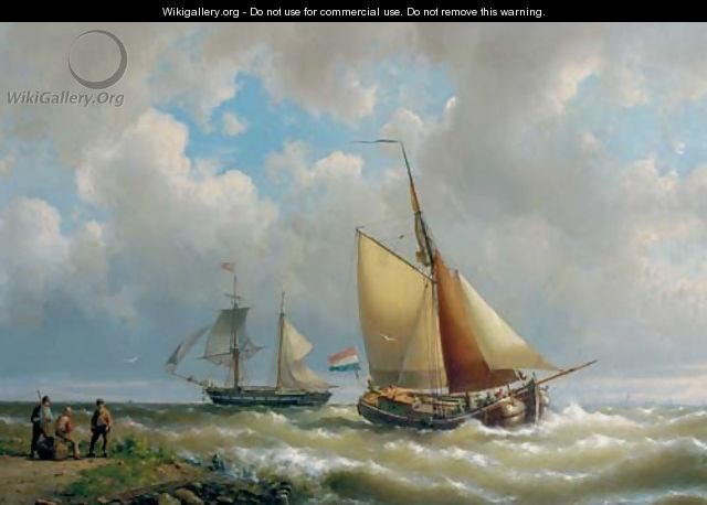 Sailing along a coast, a two-master in the distance - Hermanus Koekkoek