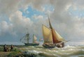 Sailing along a coast, a two-master in the distance - Hermanus Koekkoek