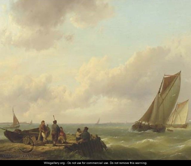 Fishermen on a jetty with sailingvessels approaching - Hermanus Koekkoek