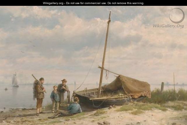 Fishermen along a shoreline - Hermanus Koekkoek