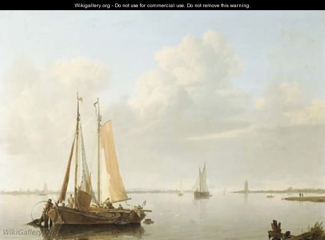 A calm fishing vessels at anchor in a river estuary - Hermanus Koekkoek