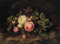 Pink and white roses on a mossy rock - Johan Laurentz Jensen