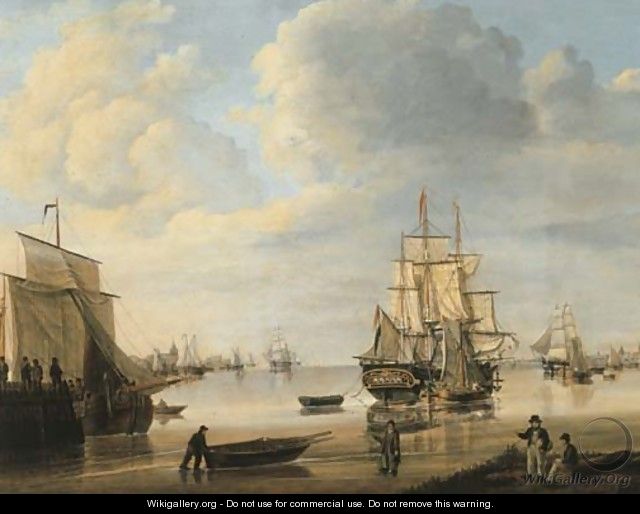 Moored vessels, Dutch three-masters and a rowing boat in a calm, a city beyond - Johan Hendrik Boshamer