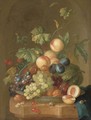 Grapes, cherries, plums, peaches, walnuts and a melon in a porcelain bowl - Johan Christian Roedig
