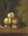 Peaches and a bee on a pewter platter - Johan Christiaan Roedig