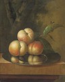 Peaches and a bee on a pewter platter - Johan Christiaan Roedig