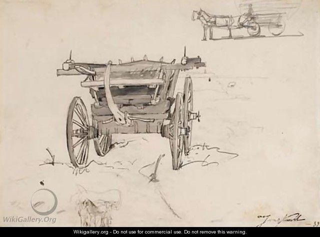 Une carriole et deux etudes subsidiaires de carrioles tirees par des chevaux - Johan Barthold Jongkind