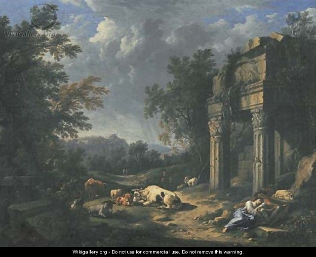 A wooded landscape with travellers resting amongst classical ruins - Johann Franz Ermels