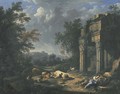 A wooded landscape with travellers resting amongst classical ruins - Johann Franz Ermels