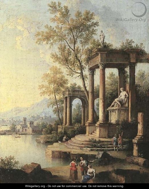 A coastal landscape with figures by classical ruins, a port beyond - Johann Franz Ermels