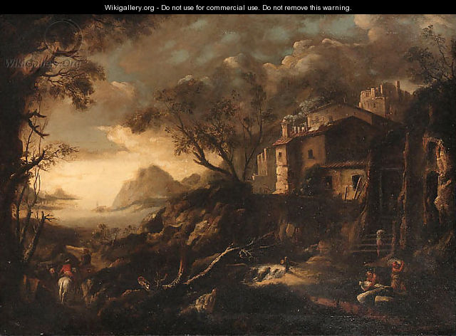 A Mediterranean Landscape with Workmen near a walled Village - Johann Eismann