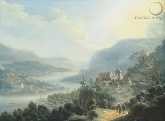 An extensive Rheinish landscape with travellers on a road by a castle - Johann Christian Vollerdt or Vollaert