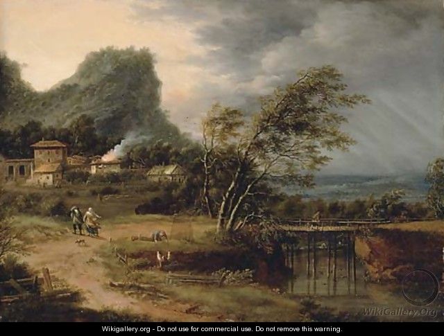 A river landscape with figures by a bridge and a house struck by lightening beyond - Johann Christian Vollerdt or Vollaert
