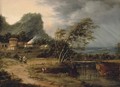 A river landscape with figures by a bridge and a house struck by lightening beyond - Johann Christian Vollerdt or Vollaert