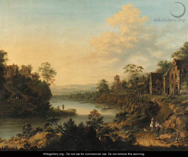 A river landscape with a hamlet and peasants on a path - Johann Christian Vollerdt or Vollaert