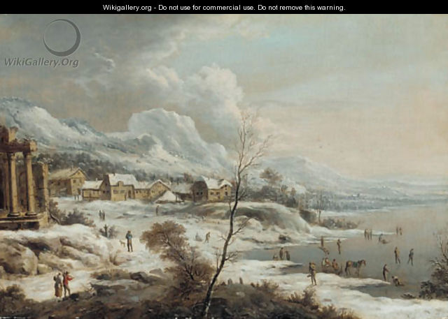 A Rhenish winter landscape with ice skaters - Johann Christian Vollerdt or Vollaert