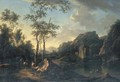 A wooded river landscape with travellers and peasants on a path and fishermen on the bank - Johann Christian Brand