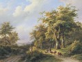Travellers resting on a forest path in a wooded valley - Johann Bernard Klombeck
