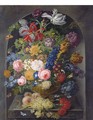 Roses, carnations, tulips and other flowers in a gold sculpted urn with peaches and grapes on a stone ledge with butterflies, in a niche - Johann Baptist Drechsler