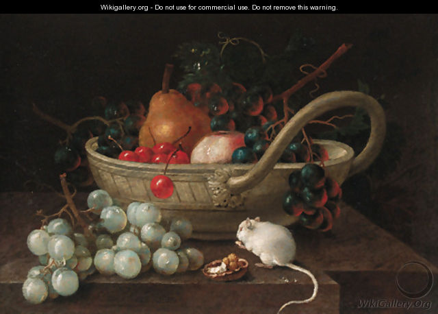 Grapes, pears and other fruit in a bowl, with a mouse eating a hazlenut on a ledge and - Johann Amandus Wink