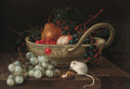 Grapes, pears and other fruit in a bowl, with a mouse eating a hazlenut on a ledge and - Johann Amandus Wink
