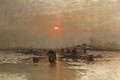 Ice fishing at dusk - Johann II Jungblut