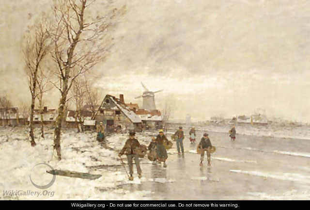A winter landscape with figures on a frozen waterway - Johann II Jungblut