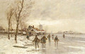 A winter landscape with figures on a frozen waterway - Johann II Jungblut