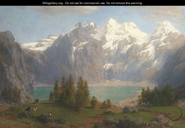 A herdsman grazing his cattle before a mountain lake - Johann Jakob Vollweider