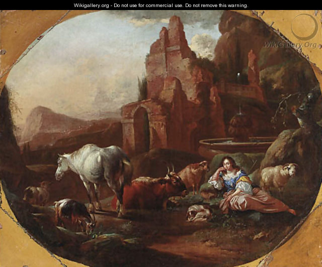 An italianate landscape with a shepherdess resting by a fountain - Johann Heinrich Roos