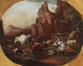 An italianate landscape with a shepherdess resting by a fountain - Johann Heinrich Roos