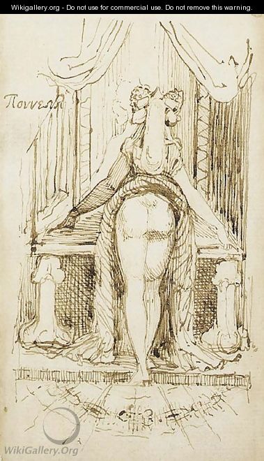Callipyga Mrs Fuseli with her skirts lifted to her waist standing before a dressing table with phallic supports - Johann Henry Fuseli