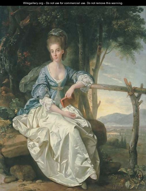 Portrait of Miss Matilda Clevland, small full-length, seated, in a blue and white dress, holding a red book in her left hand, in a Tuscan landscape - Johann Zoffany