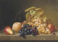Pears, grapes and a peach on a ledge - Johann Wilhelm Preyer