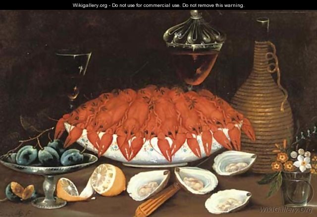 Crayfish in a porcelain bowl, oysters, a partially peeled lemon - Johann Seitz