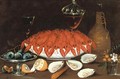 Crayfish in a porcelain bowl, oysters, a partially peeled lemon - Johann Seitz