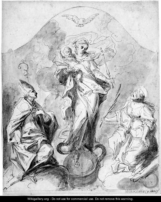 The Madonna Of The Immaculate Conception With Two Kneeling Saints On Clouds - Johann Kaspar Sing