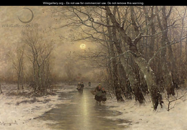 Peasants on a frozen waterway in winter - Johann Jungblutt
