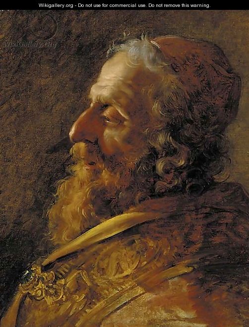 Study for the head of a Rabbi, bust-length, in profile, in a red robe with a jewelled clasp - Hugues Taraval