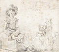 Three dogs standing before a boy seated on a box - Jean-Honore Fragonard