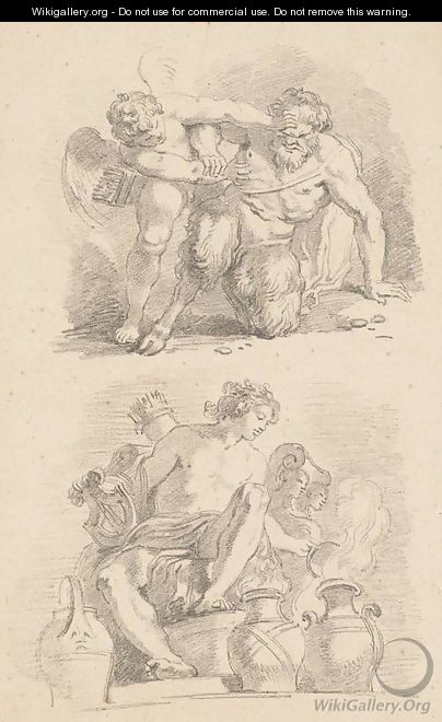 Cupid fighting a satyr and Mercury seated on a throne lifting the lid of an urn, after the old masters - Jean-Honore Fragonard
