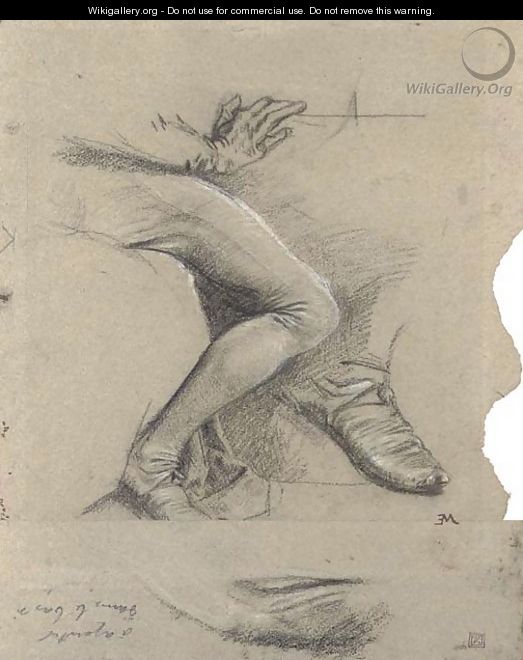 Study of the lower arm and right leg of a seated man, with a subsidiary studies of his shoe and of drapery - Jean-Louis-Ernest Meissonier