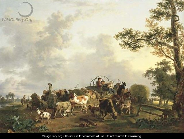 A pastoral landscape with peasants and livestock with wagons and a haywain during the harvest, a town beyond - Jean-Louis Demarne
