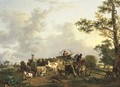 A pastoral landscape with peasants and livestock with wagons and a haywain during the harvest, a town beyond - Jean-Louis Demarne