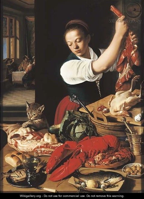 A kitchen interior with a maid preparing meat and gentlemen drinking at a table beyond - Jeremias van Winghen or Wingen