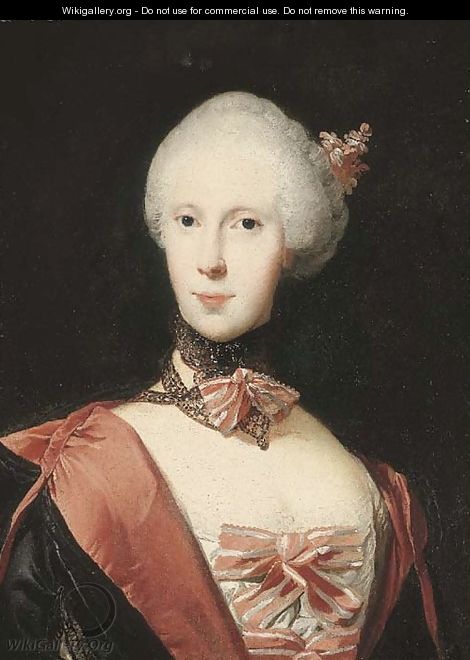 Portrait of a lady, half-length, in a black and pink cape with pink and white bows - Jens Juel