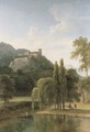 A river landscape with classical figures in a boat, a hilltop castle beyond - Jean-Victor Bertin